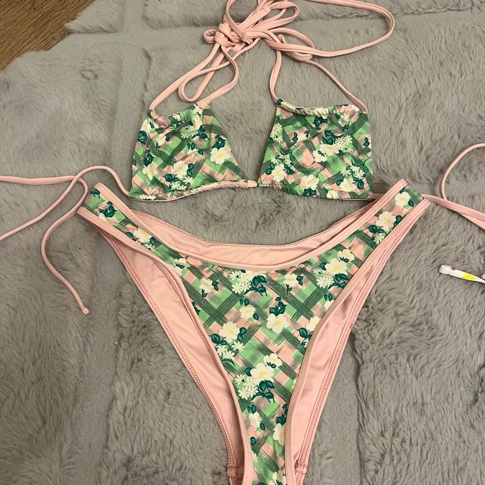 Frankie's Bikinis Pink and Green Floral Two-Piece Bikini